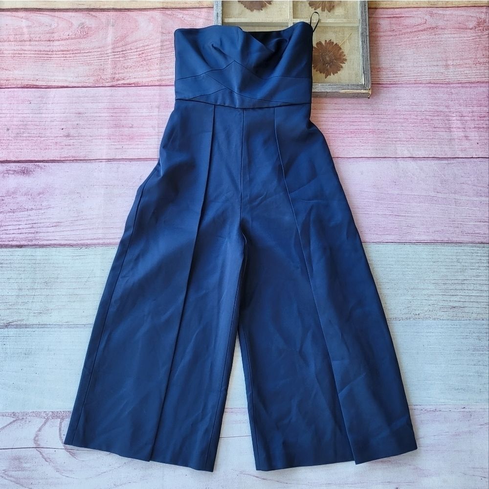 Keepsake The Label Blue True Awakening Satin Strapless Wide Leg Cropped Jumpsuit - Picture 5 of 9